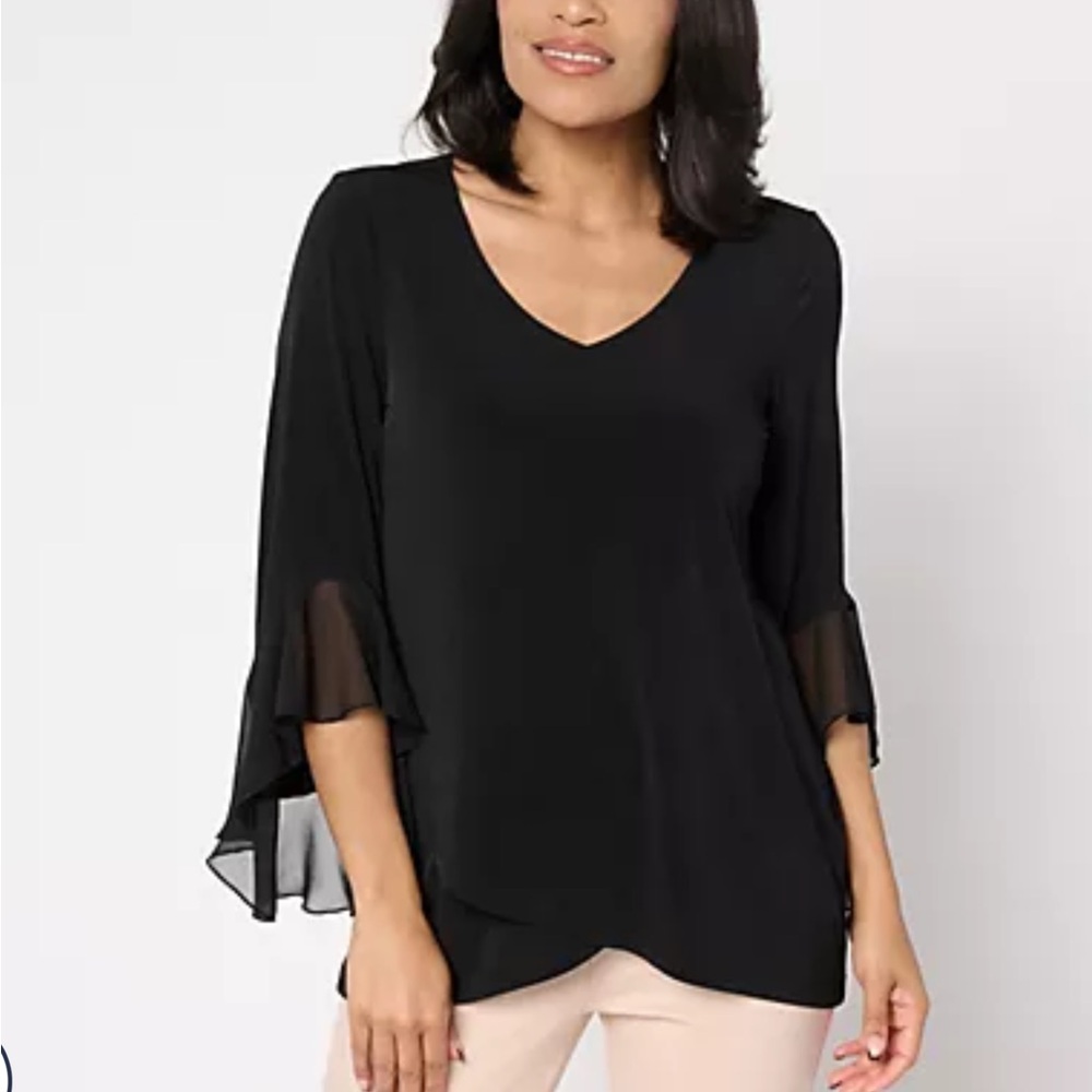 Susan Graver Black Asymmetrical Flutter Sleeve Blouse